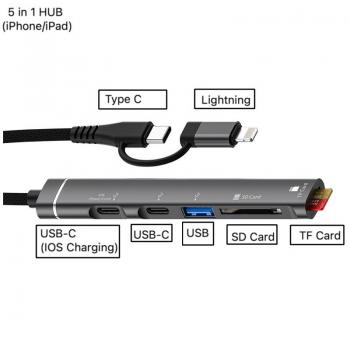 MULTICOLOR MC-019E  LİGHTNİNG+TYPE C TO COMBO USB HUB 5 İN 1