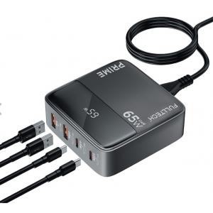 Fulltech 65W 4in1 Gan Masaüstü Hızlı Şarj Cihazı | 2 USB + 2 Type-C Pd Qc 3.0 LCD Ekranlı