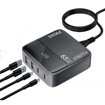 Fulltech 65W 4in1 Gan Masaüstü Hızlı Şarj Cihazı | 2 USB + 2 Type-C Pd Qc 3.0 LCD Ekranlı