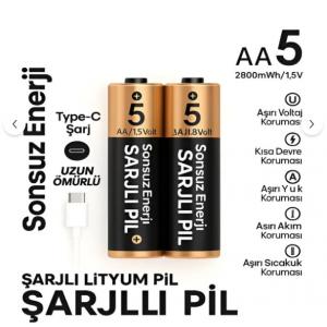 Type-C Şarjlı 2800mWh 1.5V Şarj Edilebilir 2'li AA Kalın Pil - lityum iyon Batarya FP28